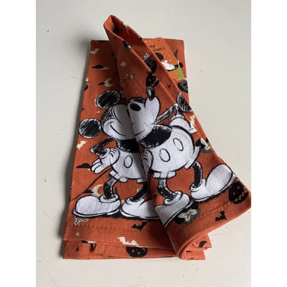 2 Pack Disney Mickey Mouse Halloween Kitchen Towels Jack O Lantern Witch Hat NEW